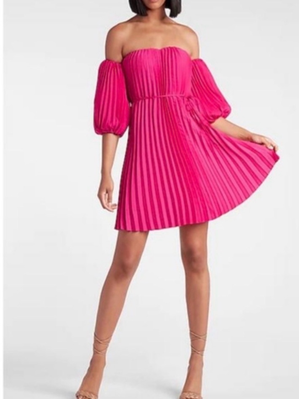 Express Off-Shoulder Pleated Mini Dress in Hot Pink